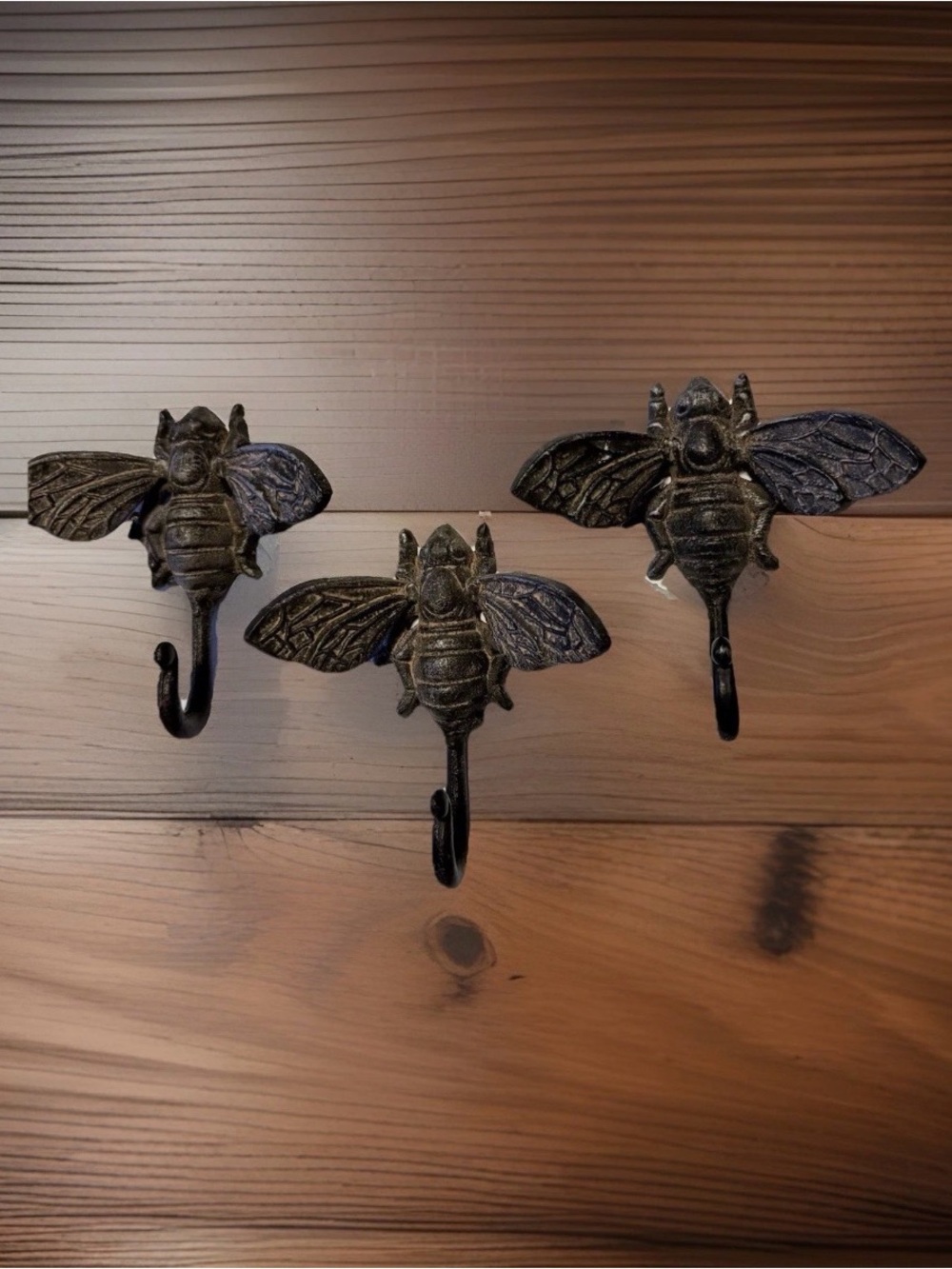 Set of 3 Cast Iron Bee Wall Hooks - Rustic Farmhouse Decor w/ Flaw